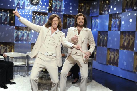 Justin Timberlake as Robin Gibb and Fallon as Barry Gibb during the "Barry Gibb Talk Show" skit on "Saturday Night Live" in May 2009.