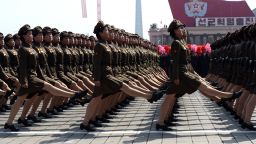 North Korean female soldiers march during a military parade to mark 100 years since the birth of the country's founder Kim Il-Sung in Pyongyang on April 15, 2012. 