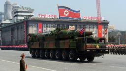   A military vehicle carries what is believed to be a Taepodong-class missile Intermediary Range Ballistic Missile (IRBM), about 20 meters long, during a military parade to mark the 100 birth of the country's founder Kim Il-Sung in Pyongyang on April 15, 2012. The commemorations came just two days after a satellite launch timed to mark the centenary  