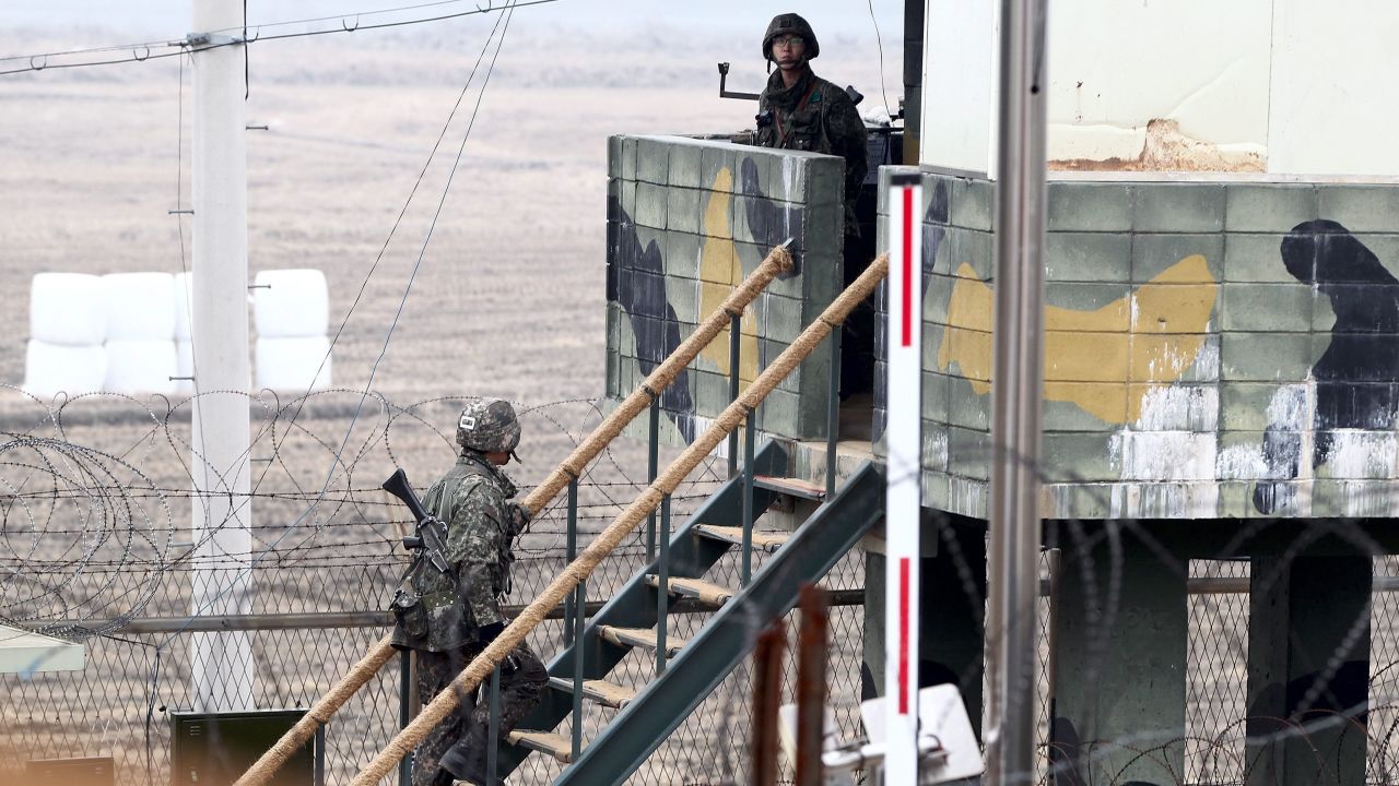 South Korean soldiers stand guard at a sentry post at the border with North Korea in the Demilitarized Zone near Imjingak, South Korea, on April 5.