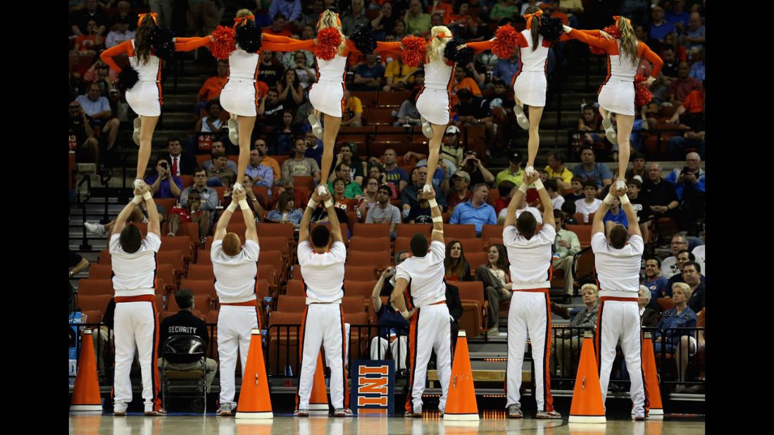 Illinois Fighting Illini cheerleaders perform during a game against the Colorado Buffaloes on March 22 in Austin, Texas.
