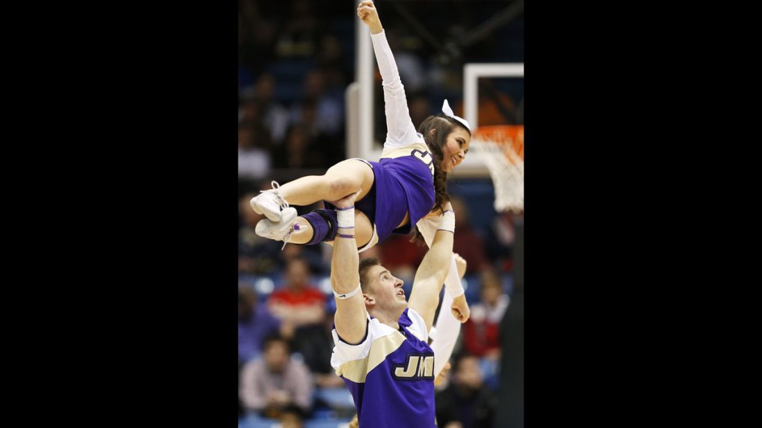 James Madison University Dukes cheerleaders perform in the first half against the LIU Brooklyn Blackbirds on March 20 in Dayton, Ohio.