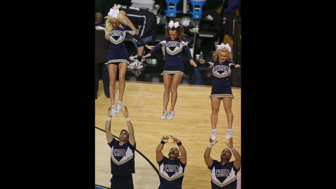 Cheerleaders for the Akron Zips perform on March 21 in Auburn Hills, Michigan.