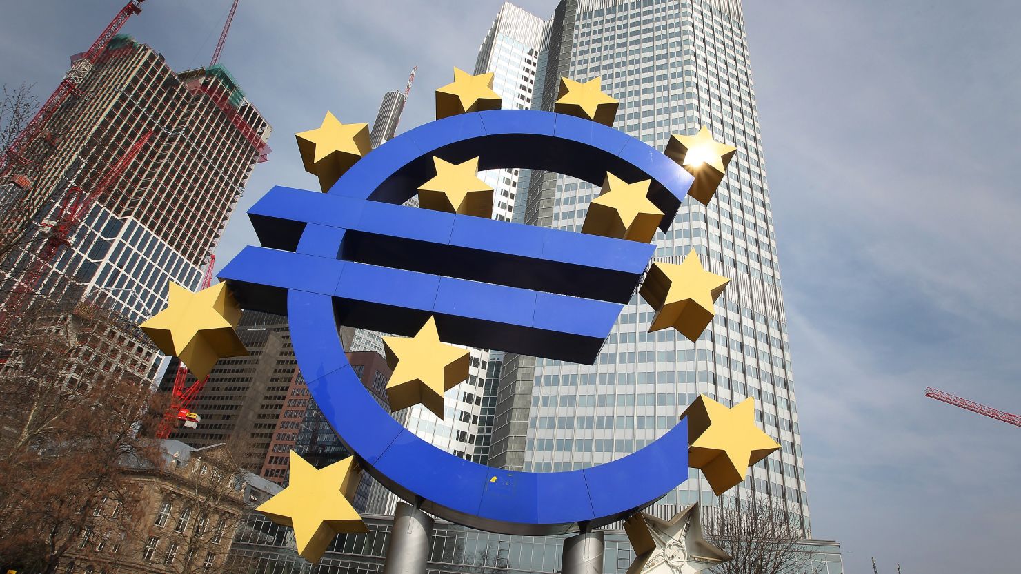 The Euro logo is seen in front of the European Central bank ECB in Frankfurt/Main, Germany, on April 4, 2013. 