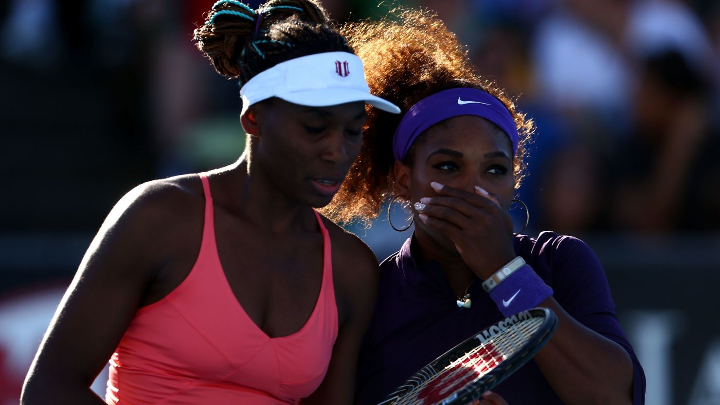 Serena Williams, right, pictured with her sister Venus during a doubles match af the Australian Open in January.