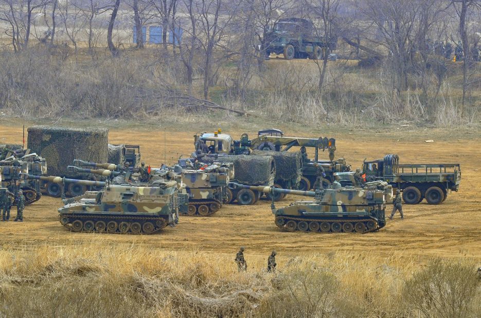 South Korean soldiers with K-55 self-propelled Howitzers stage at a military training field in the border city of Paju on Friday, April 5, as tensions continue to  mount on the Korean peninsula.