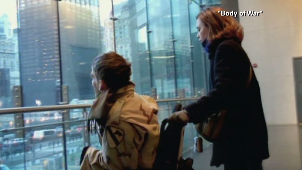 In a scene from the documentary film "Body of War," Young looks out onto Ground Zero in New York. He was propelled to join the Army because of the September 11 attacks.