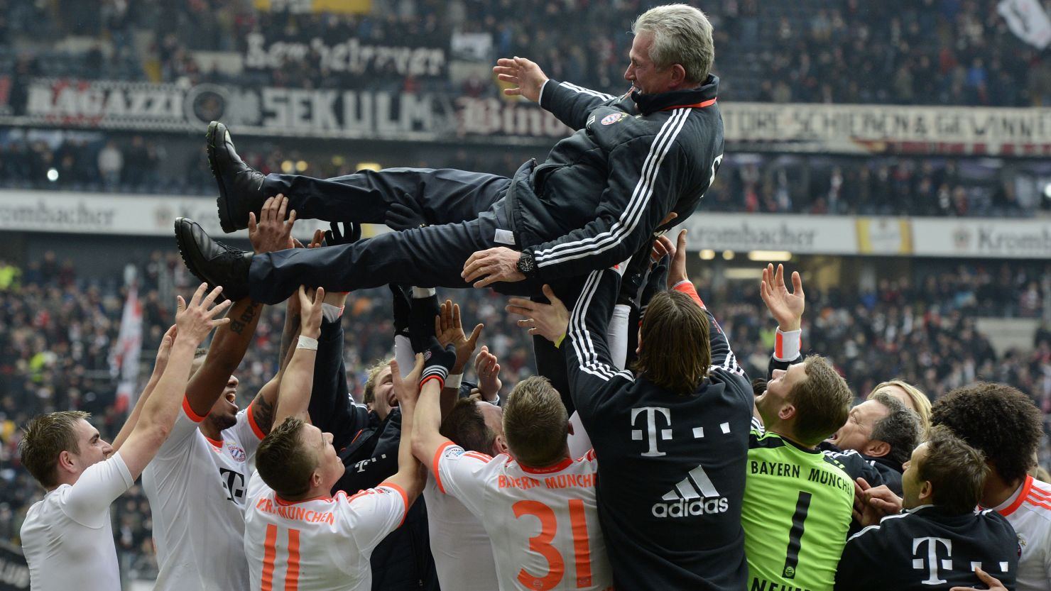 Jupp Heynckes is lifted in the air by his Bayern Munich players after becoming the oldest coach to win the Bundesliga title. 