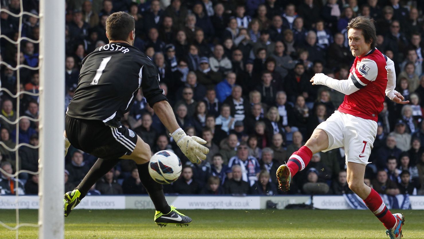 Czech midfielder Tomas Rosicky puts Arsenal 2-0 up against West Brom with his second goal on Saturday.  