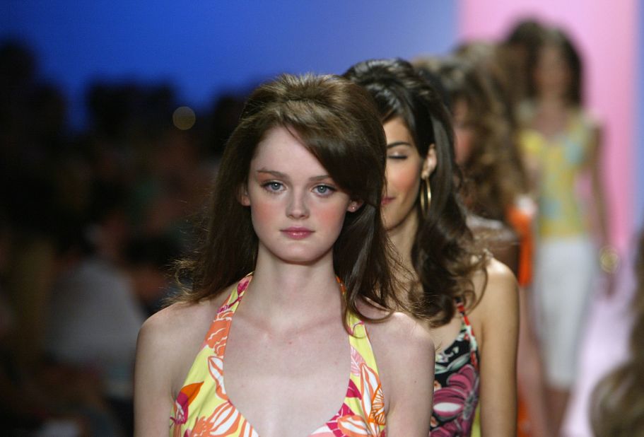 Models line up in Pulitzer's dresses at the spring 2005 show.