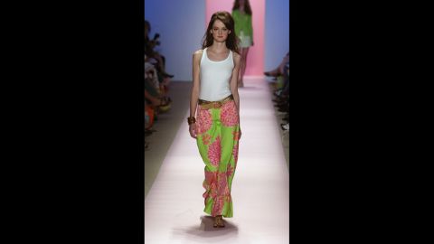 A model wears a long green patterned skirt at the 2005 show.