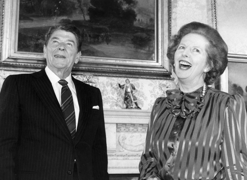 Thatcher and Reagan share a joke at her residence, No. 10 Downing St., in London in June 1984.