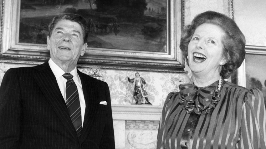 British Prime Minister Margaret Thatcher shares a joke with American President Ronald Reagan, at No. 10 Downing Street, London.    (Photo by Keystone/Getty Images)