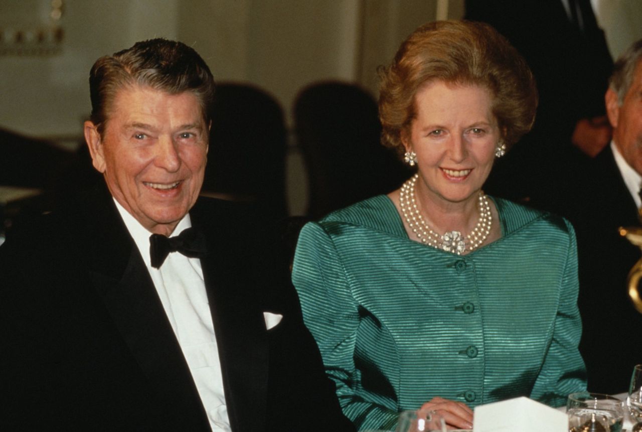 Thatcher and Reagan attend a formal event in January 1989.