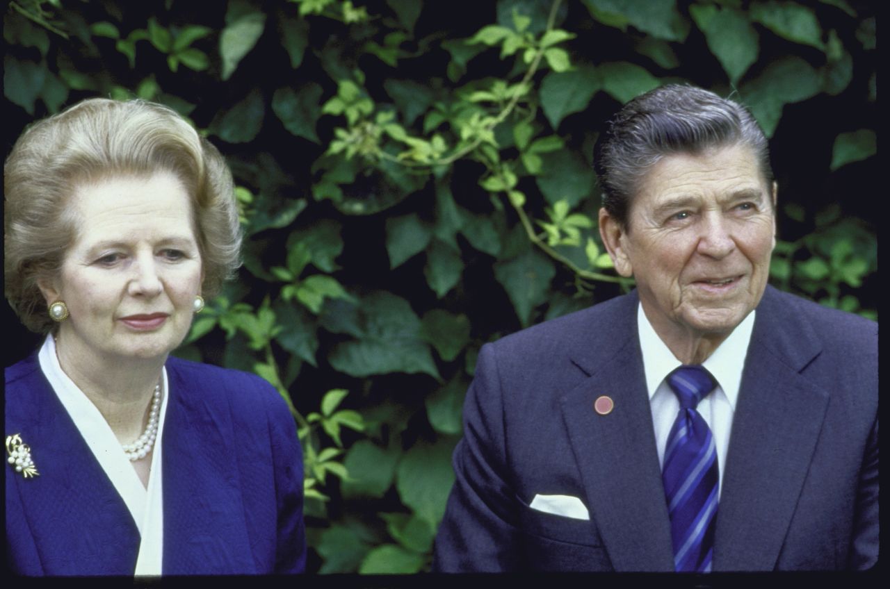 Thatcher and Reagan meet in the garden of the Cipriani Hotel in Venice, Italy, during an economic summit in June 1987.