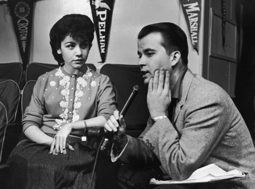 '"American Bandstand" host Dick Clark interviews Funicello in the mid-1950s. With a background in dance, she quickly became one of the most popular Mouseketeers.<br />