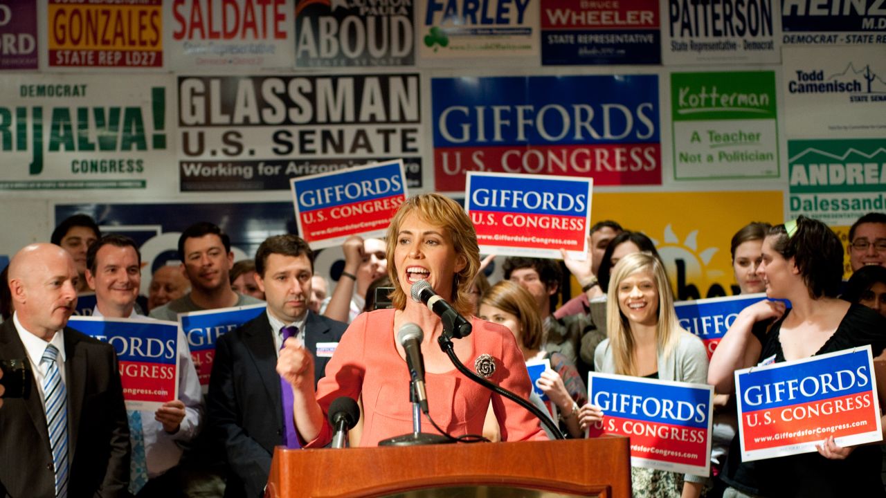 Giffords addresses supporters at the Democratic Election Headquarters in Tuscon, Arizona, on November 2, 2010. She won a close race against Republican Jesse Kelly.