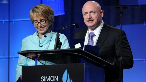 Giffords and Kelly speak at the Simon Wiesenthal Center's annual tribute dinner, where they received Medals of Valor on May 23, 2012, in Beverly Hills, California.