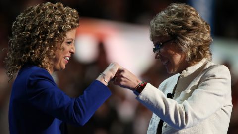 Wasserman Schultz and Giffords greet each other on stage at the Democratic National Convention in Charlotte on September 6, 2012.