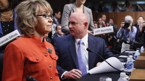 Giffords and Kelly arrive for a Senate Judiciary Committee hearing about gun control on Capitol Hill in Washington on January 30, 2013. The former congresswoman delivered an opening statement to the committee, which met for the first time since the mass shooting at a Sandy Hook Elementary School in Newtown, Connecticut.