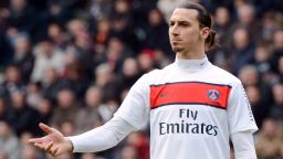 Paris Saint-Germain's Swedish forward Zlatan Ibrahimovic gestures during the French L1 football match Rennes vs Paris Saint-Germain on April 6, 2013 at the route de Lorient stadium in Rennes, western France. AFP PHOTO / DAMIEN MEYER (Photo credit should read DAMIEN MEYER/AFP/Getty Images) 