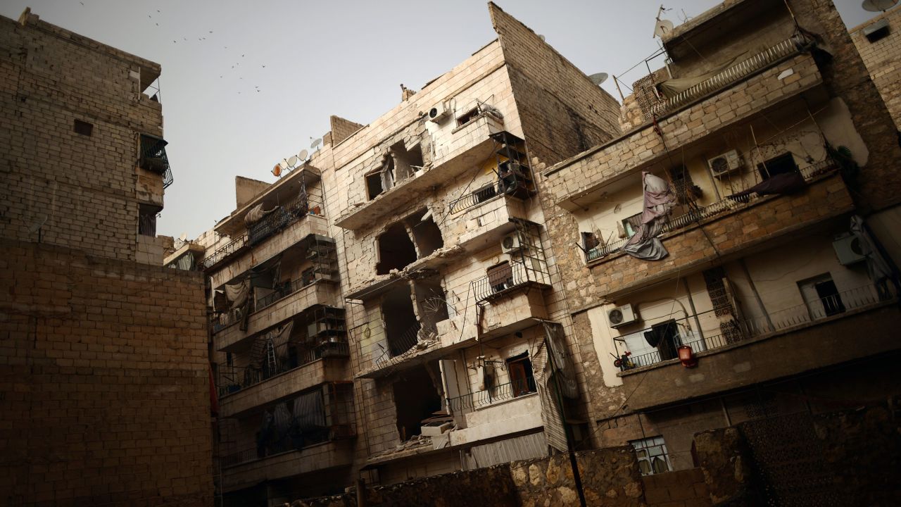 The fighting has taken a toll on buildings in Aleppo's Saladin district, seen here on April 8.