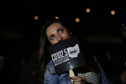A concertgoer cools off with a CD102.5 fan. The station's staff members say they believe the community is behind them. 