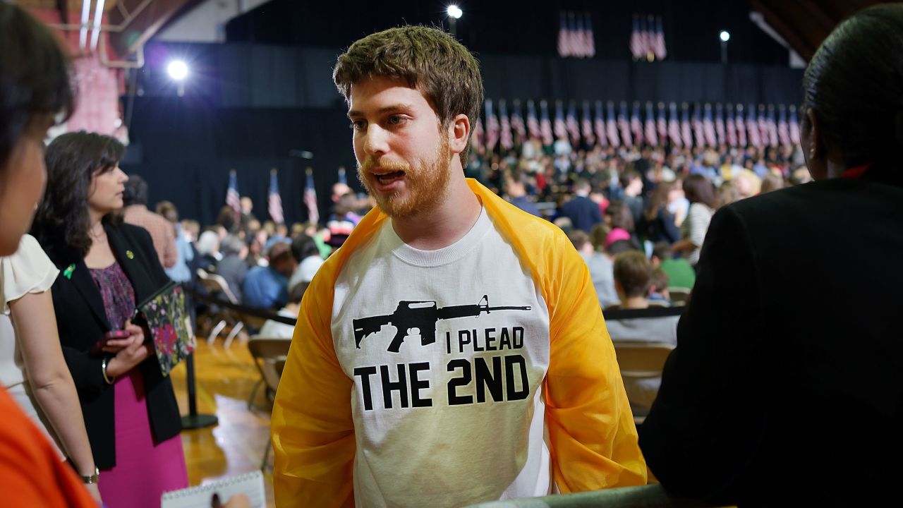 Craig Bentley's T-shirt reveals his point of view at President Obama's speech at the University of Hartford urging gun control.

