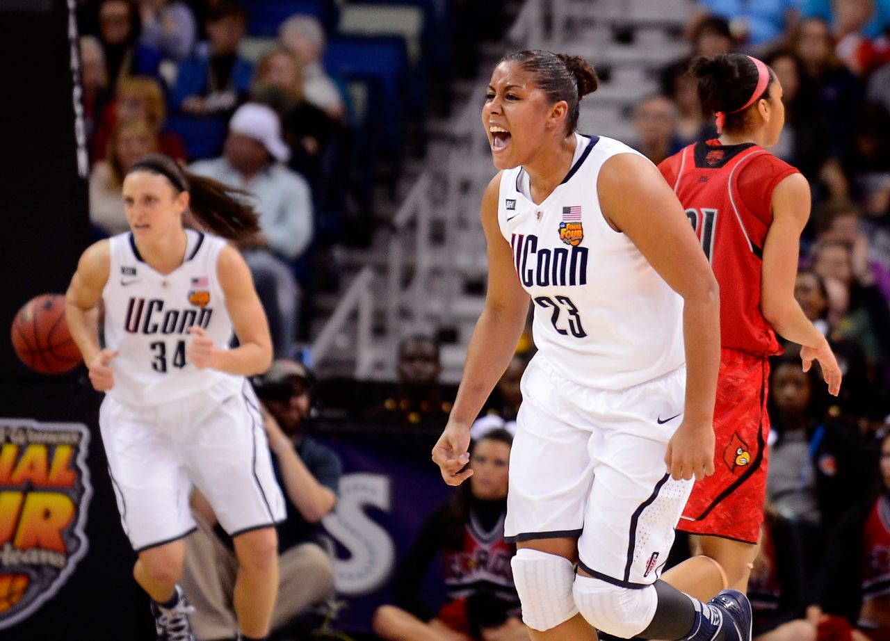 Kaleena Mosqueda-Lewis of the Connecticut Huskies celebrates after a score against the Louisville Cardinals during the championship game in New Orleans on April 9.