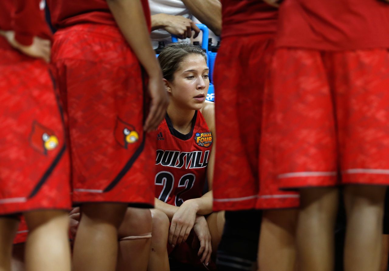 Jude Schimmel of Louisville sits on the bench near the end of the game against UCONN on April 9.