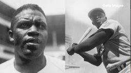 American baseball player Jackie Robinson (1919 - 1972) during his time with the Brooklyn Dodgers 1949(L), 1950 (R). 