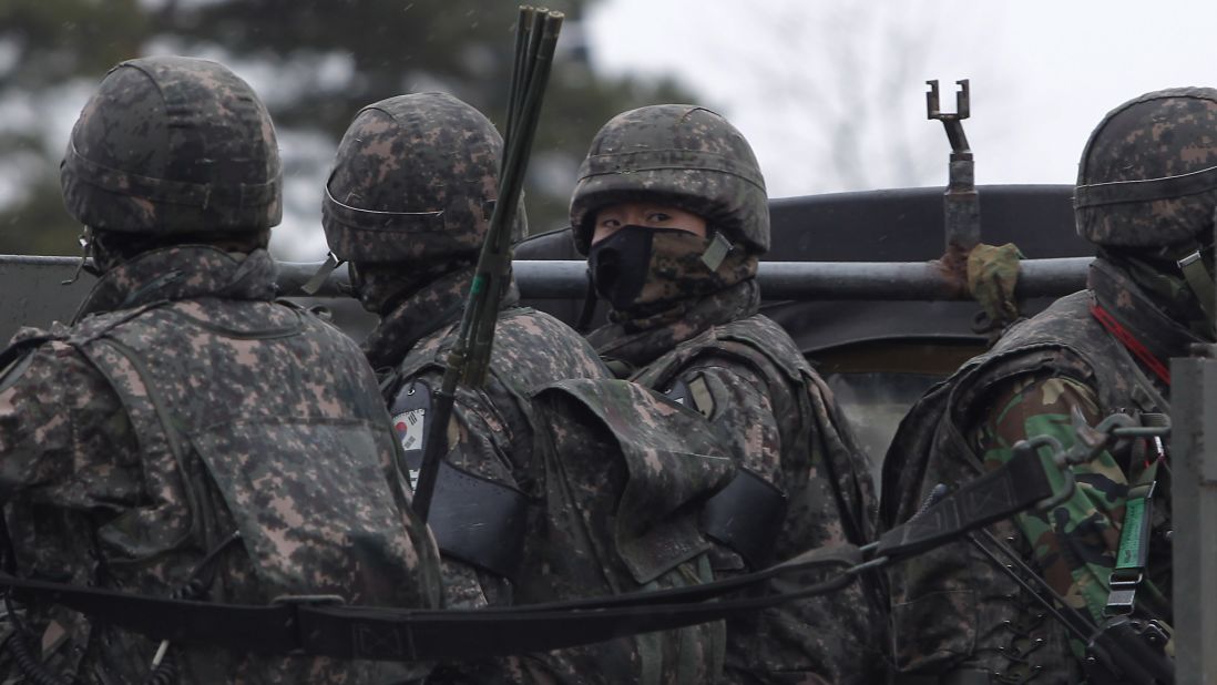 South Korean soldiers sit in a truck at the Inter-Korean transit office on Tuesday, April 9, in Paju, South Korea.