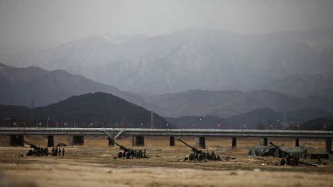 South Korean soldiers participate in an artillery drill as part of the Foal Eagle joint military exercise by U.S. and South Korean forces near the Demilitarized Zone in Goseong on April 9.