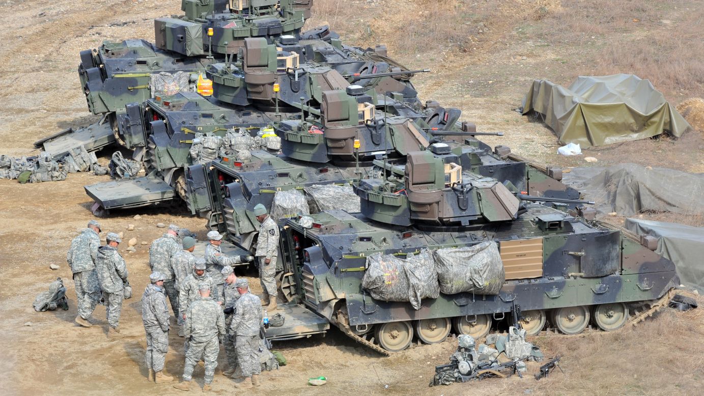 U.S. soldiers are at a military training field in Yeoncheon, South Korea, on April 9.