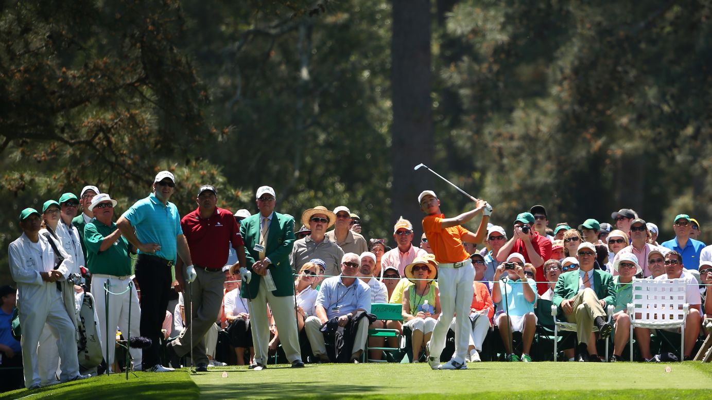 Tianlang Guan of China competes in the Par 3 Contest.