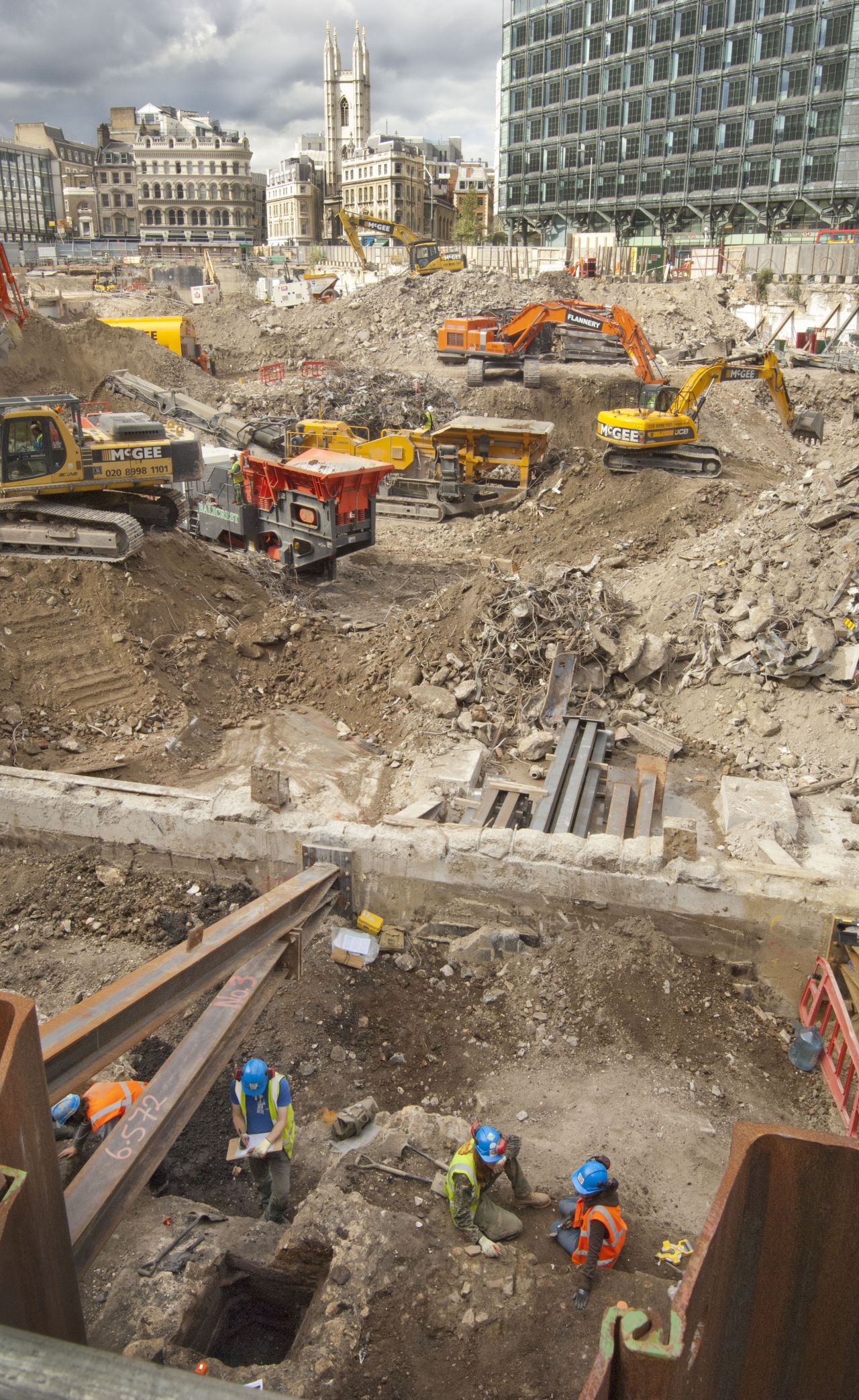 View of excavations at Bloomberg Place, which is currently the largest commercially funded development project in the world. The site embraces the longest stretch of the Roman Walbrook left in the City.