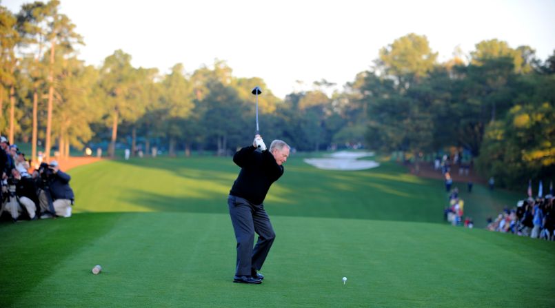Every year, a legendary golfer hits a ceremonial first tee shot before the first round of the Masters. In 2011 Jack Nicklaus (pictured) shared the honors with Arnold Palmer shortly after sunrise.