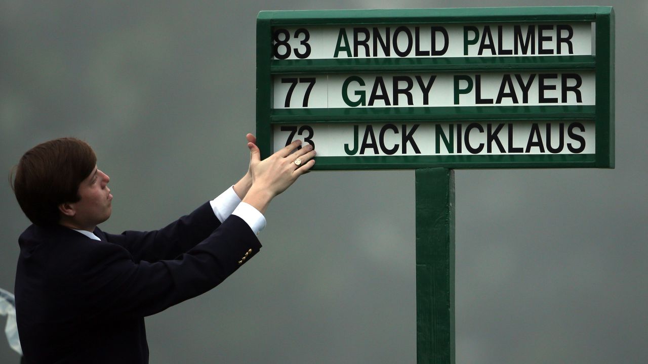 The names of honorary starters Jack Nicklaus, Arnold Palmer and Gary Player are placed into the starters board.
