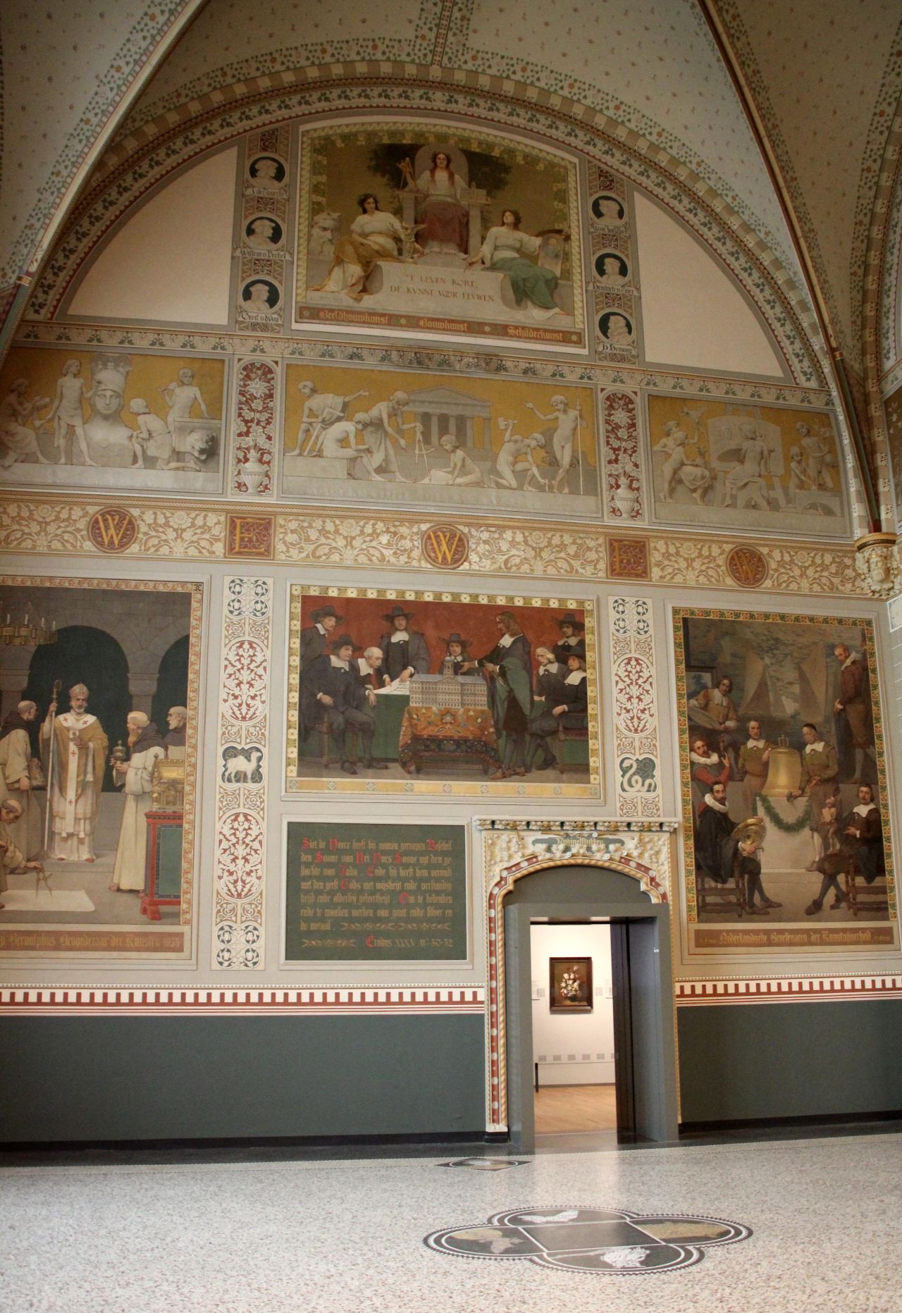 The museum's original entrance hall, designed by architect Pierre Cuypers in 1885, and decorated with opulent wall paintings by Georg Sturm, has been returned to its former glory.