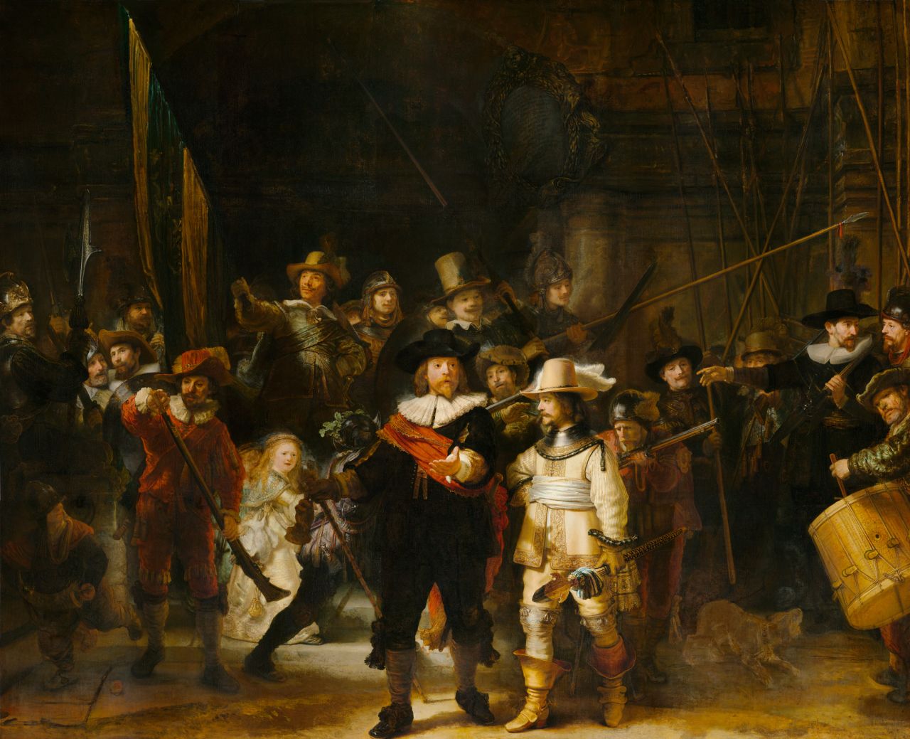 Rembrandt van Rijn's "The Night Watch" (1642) from the Rijksmuseum, Amsterdam.