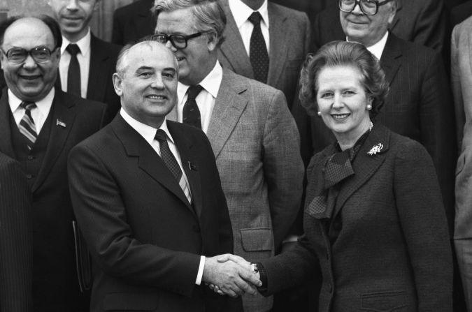 [File photo] Former Soviet leader Mikhail Gorbachev is not planning to attend for health reasons, Vladimir Polyakov at the Gorbachev Foundation in Moscow told CNN. Gorbachev is photographed shaking hands with Margaret Thatcher at Chequers on December 16, 1984. 