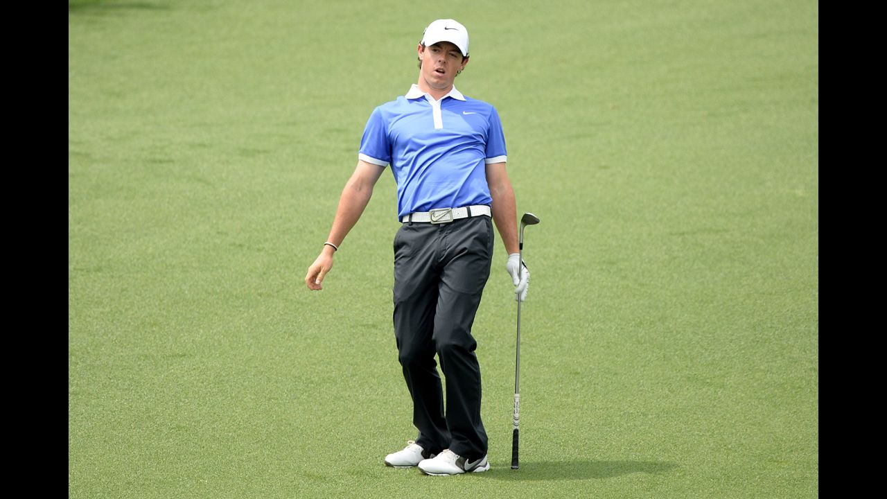 Rory McIlroy of Northern Ireland reacts to a missed chip for birdie on the second hole.