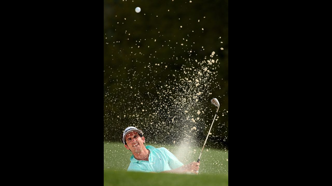 Gonzalo Fernandez-Castano of Spain hits out of a bunker on the 18th hole.