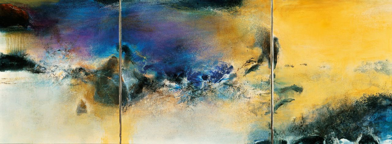Zao's paintings were known for their lyrical qualities: oscillating planes of color, light, and shade met, collided, and diverged, skidding across the surface of his works. Here is his 1982 triptych "27.08.82," an oil on canvas.