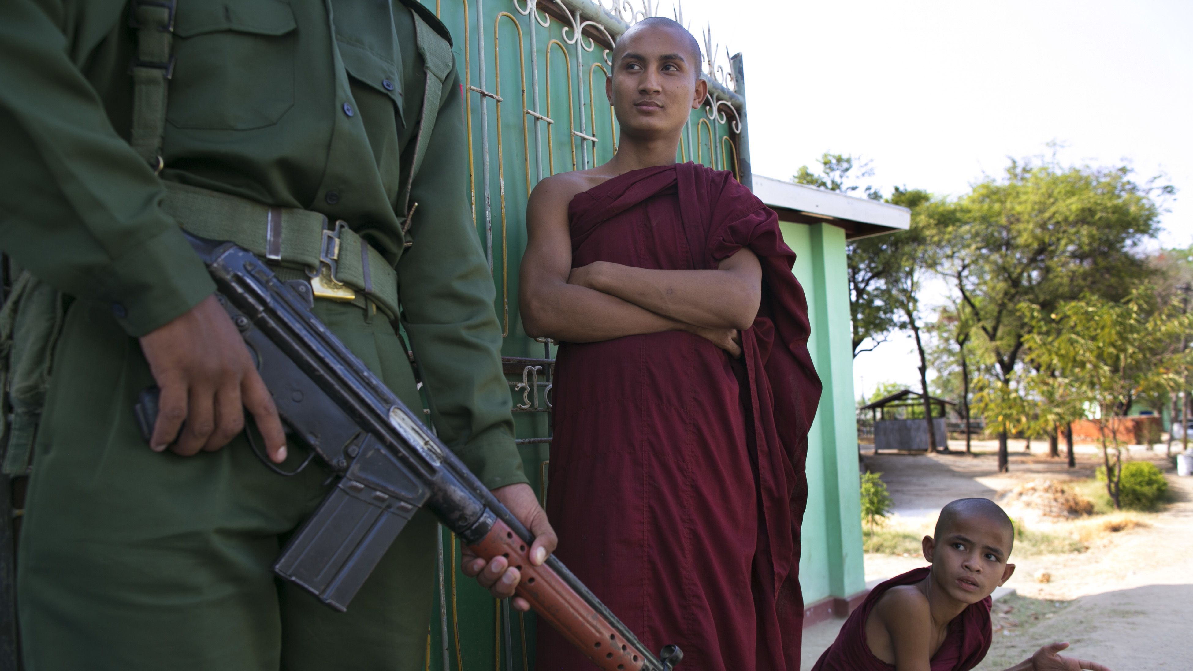 Buddhists monks in Meiktila, Myanmar, where violence between Muslims and Buddhists left 43 dead last month