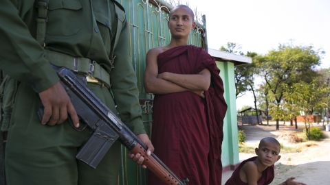 Buddhists monks in Meiktila, Myanmar, where violence between Muslims and Buddhists left 43 dead last month