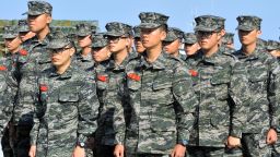 South Korean marines stand in rows after arriving at the South Korea-controlled island of Yeonpyeong near the disputed waters of the Yellow Sea on Friday, April 12.