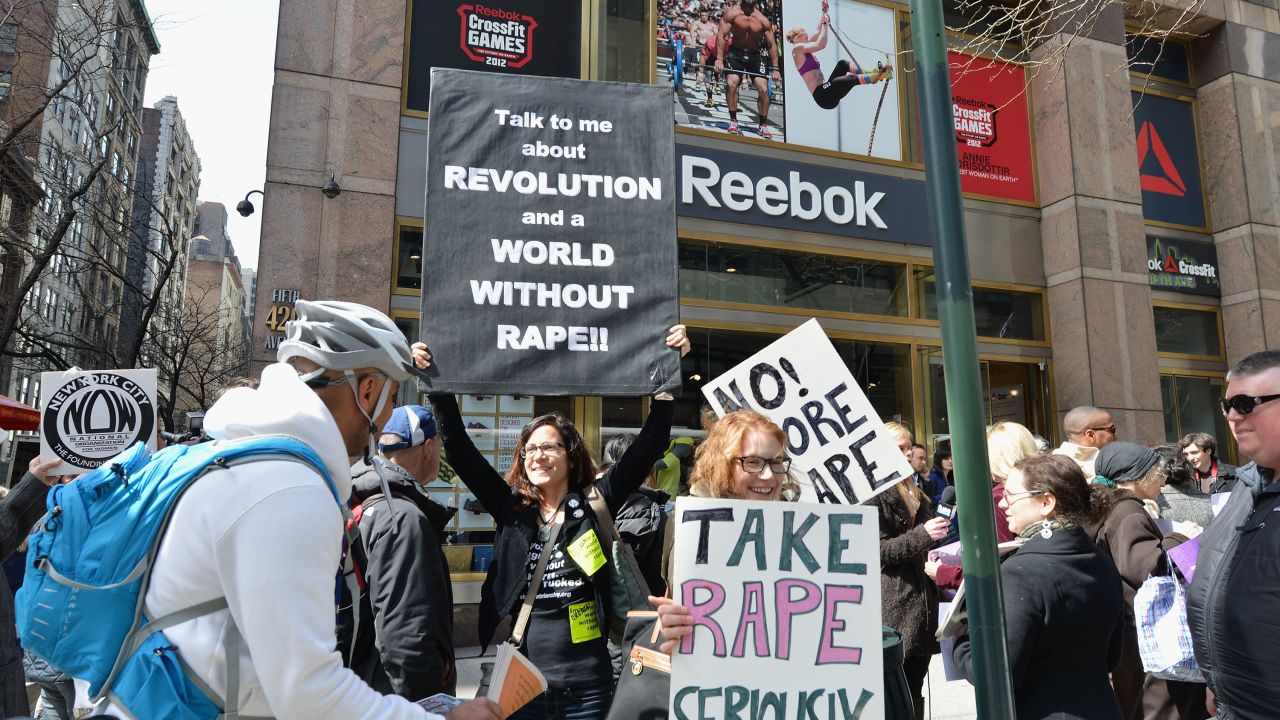 A protest against Reebok for not firing rapper Rick Ross over sexist and violent lyrics outside the Reebok Flagship Store In New York on April 4, 2013.