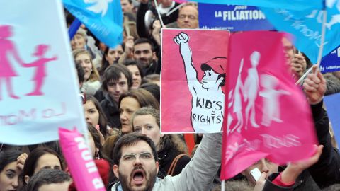 People take part in a protest against gay marriage on April 4, 2013, in front of the French Senate in Paris.