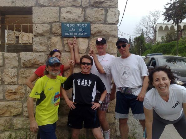 Holyland hashers Paul Rokach, Margaret Ben-Shoshan, Scott Horton, Kelvin Williams, Chaim Daon and Rachel Neiman pose on an aptly named street in Ein Karem, Israel.